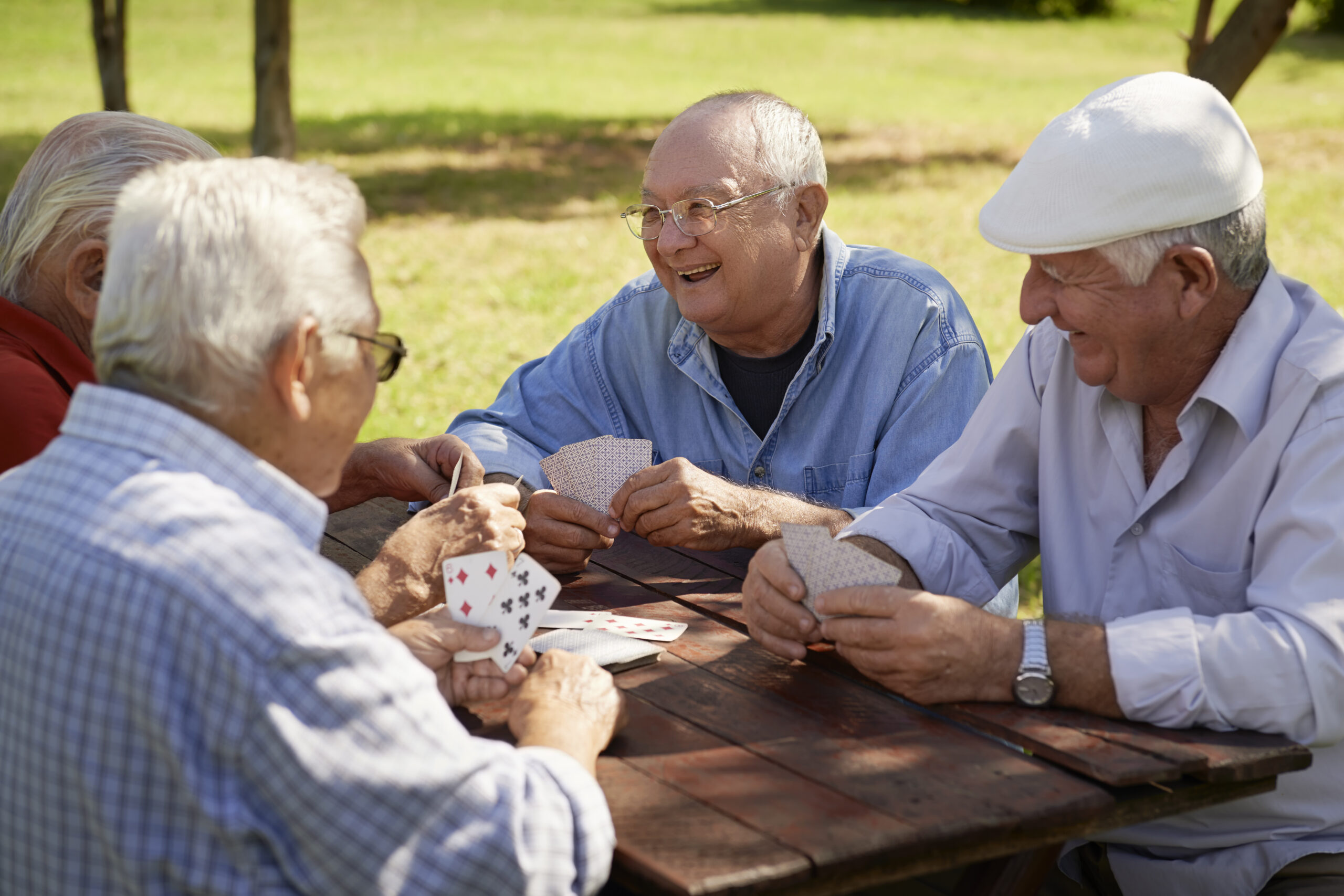 A group of four elderly men having fun and playing cards game at park