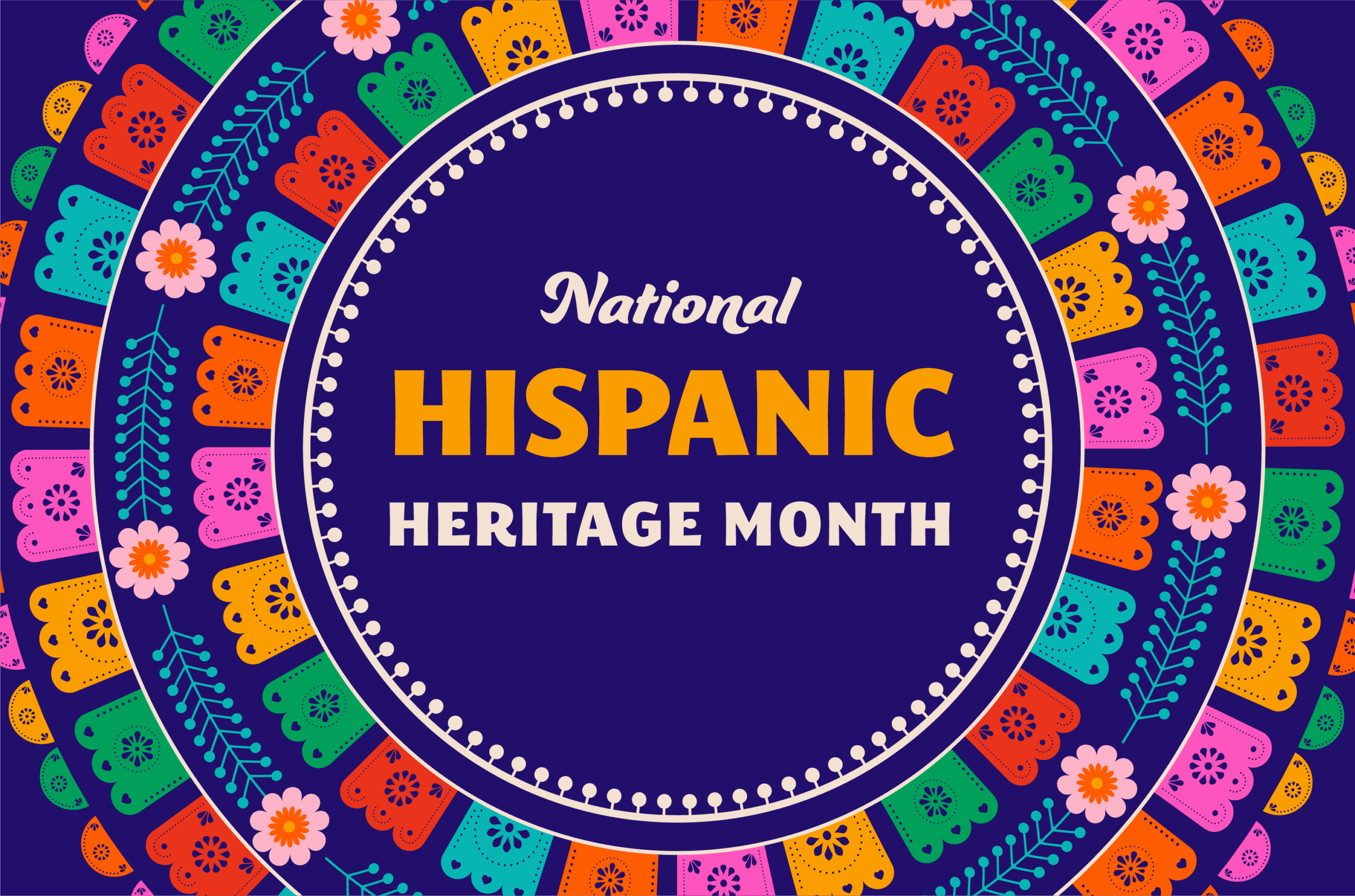 Colorful festive border surrounds text reading "National Hispanic Heritage Month" on a purple background.