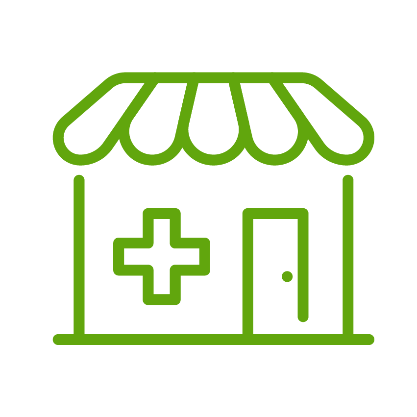 Green outline icon of a pharmacy or medical store with an awning, a large cross symbol, and a door on a black background.
