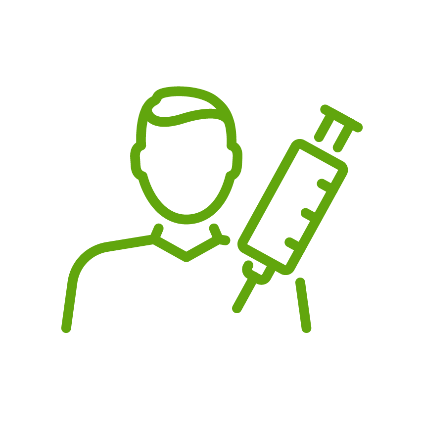 Green line art icon depicting a person next to a large medical syringe against a black background.