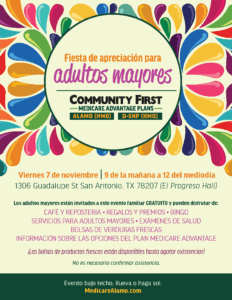 Spanish flyer promoting a free Community First Medicare Advantage Plans appreciation event for seniors on November 7th in San Antonio, featuring food, gifts, and health services.