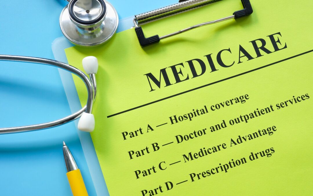 Close-up of a bright green Medicare form detailing Parts A through D, resting on a blue surface next to a stethoscope and a yellow pen.