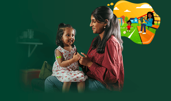 Mother comforts smiling young girl with a bandage on her arm, while an illustrated thought bubble shows future outdoor activities like soccer.