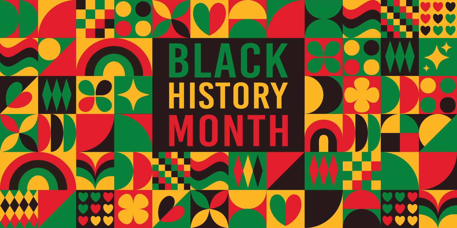 Graphic design featuring the text "BLACK HISTORY MONTH" in a central black square surrounded by a colorful geometric pattern using Pan-African colors: red, black, green, and yellow.