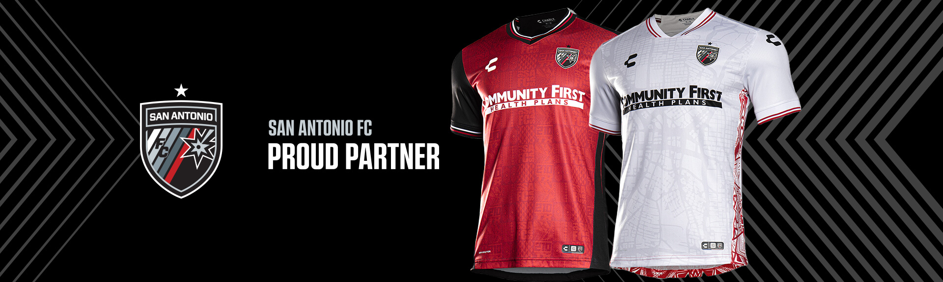 San Antonio FC logo next to red and white soccer jerseys featuring "Community First Health Plans" sponsor logo against a black and gray chevron background.