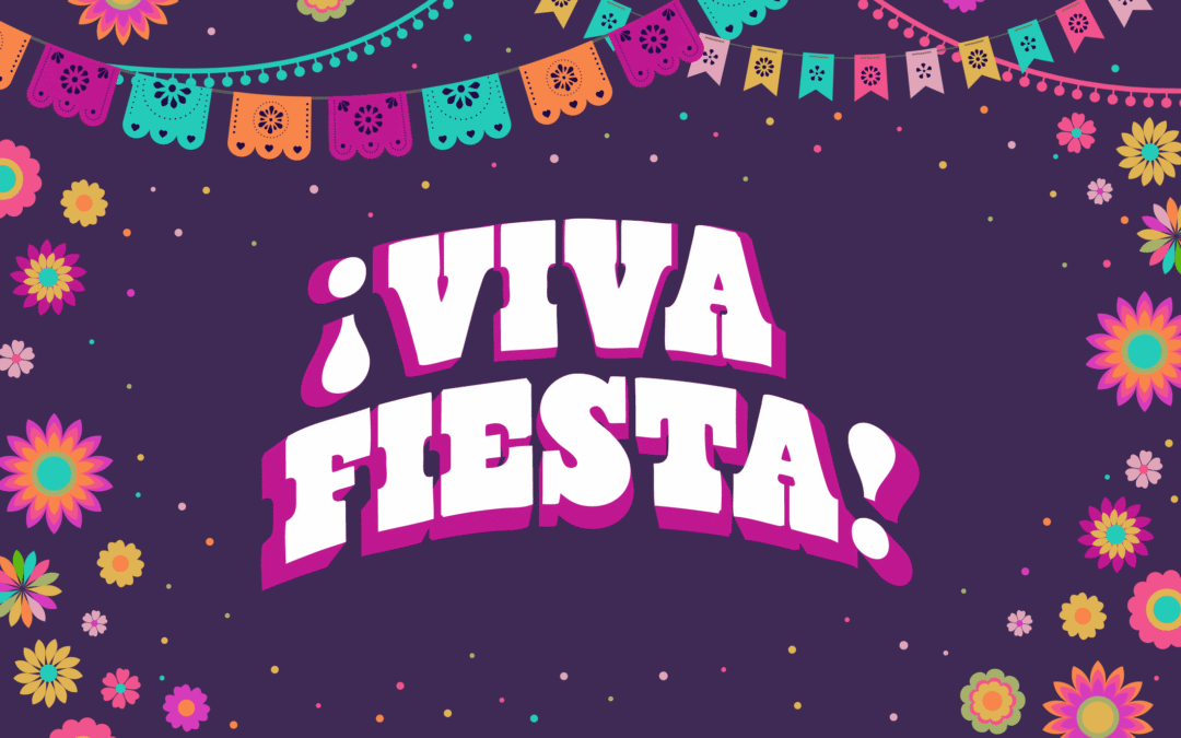 A vibrant purple backdrop bursts to life with bold white letters proclaiming "¡VIVA FIESTA!" surrounded by a cascade of colorful papel picado banners and lively, stylized flowers.