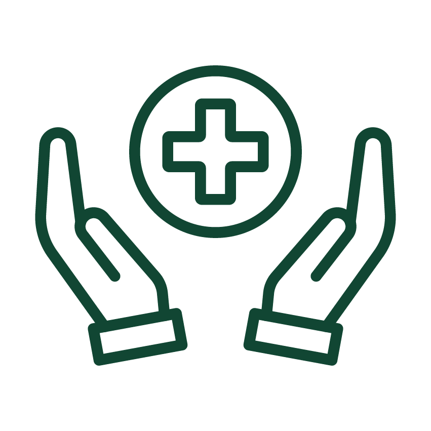 Green outline icon showing two cupped hands supporting a circle containing a medical cross.