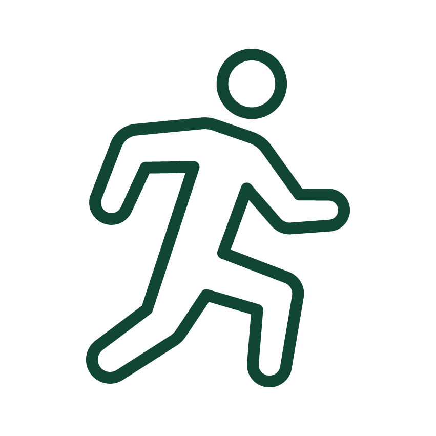 Green outline icon of a stylized human figure running.