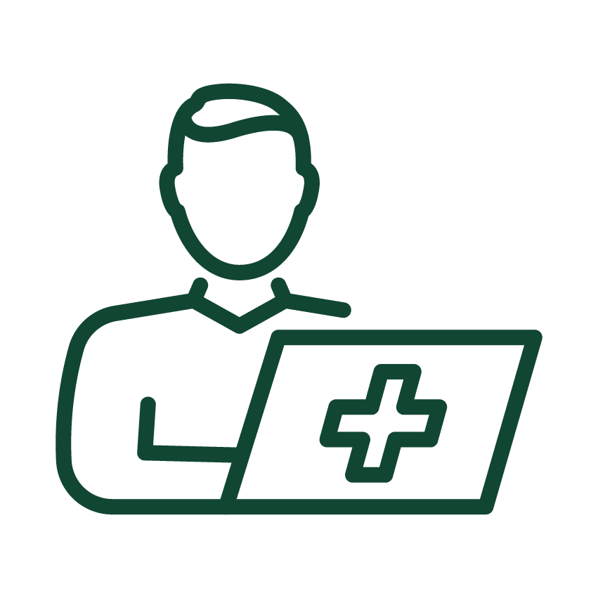 Dark green line art icon showing a figure seated in front of a laptop displaying a medical cross symbol