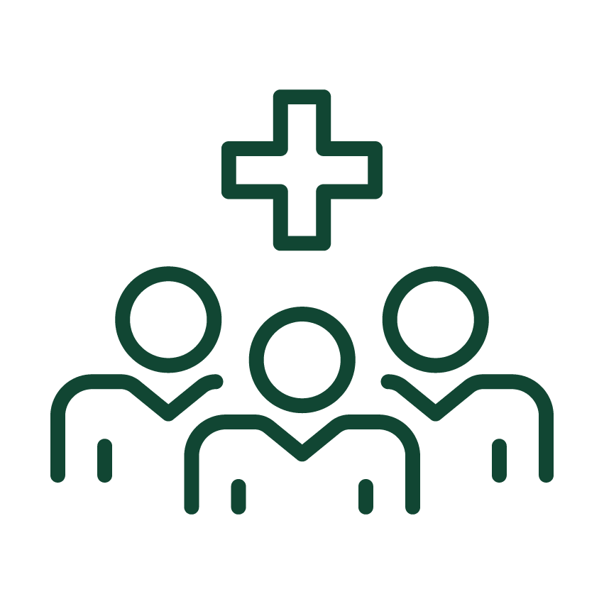 Dark green line art icon showing three simplified human figures beneath a medical cross symbol.