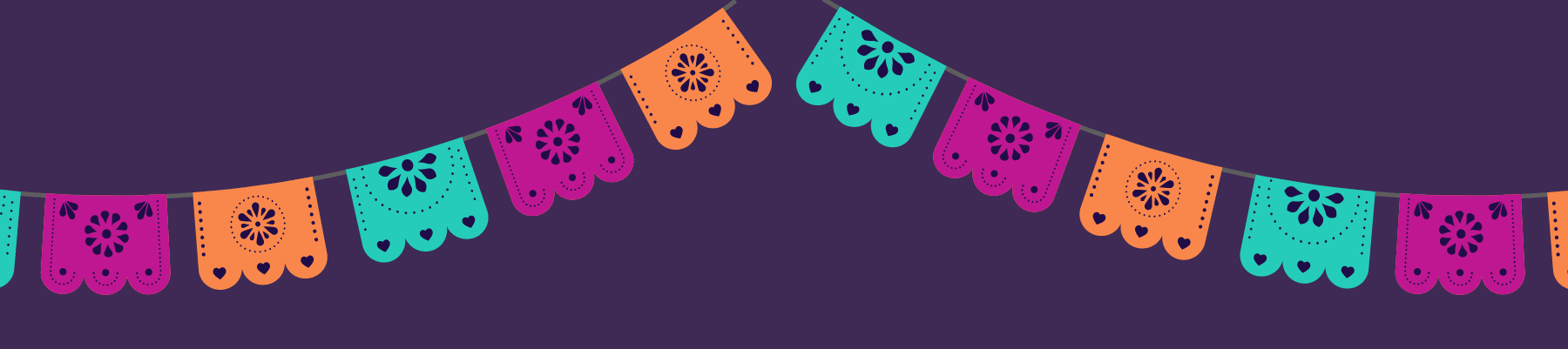 A vibrant row of Papel Picado banners, each adorned with delicate floral cutouts, dances across a deep purple backdrop.