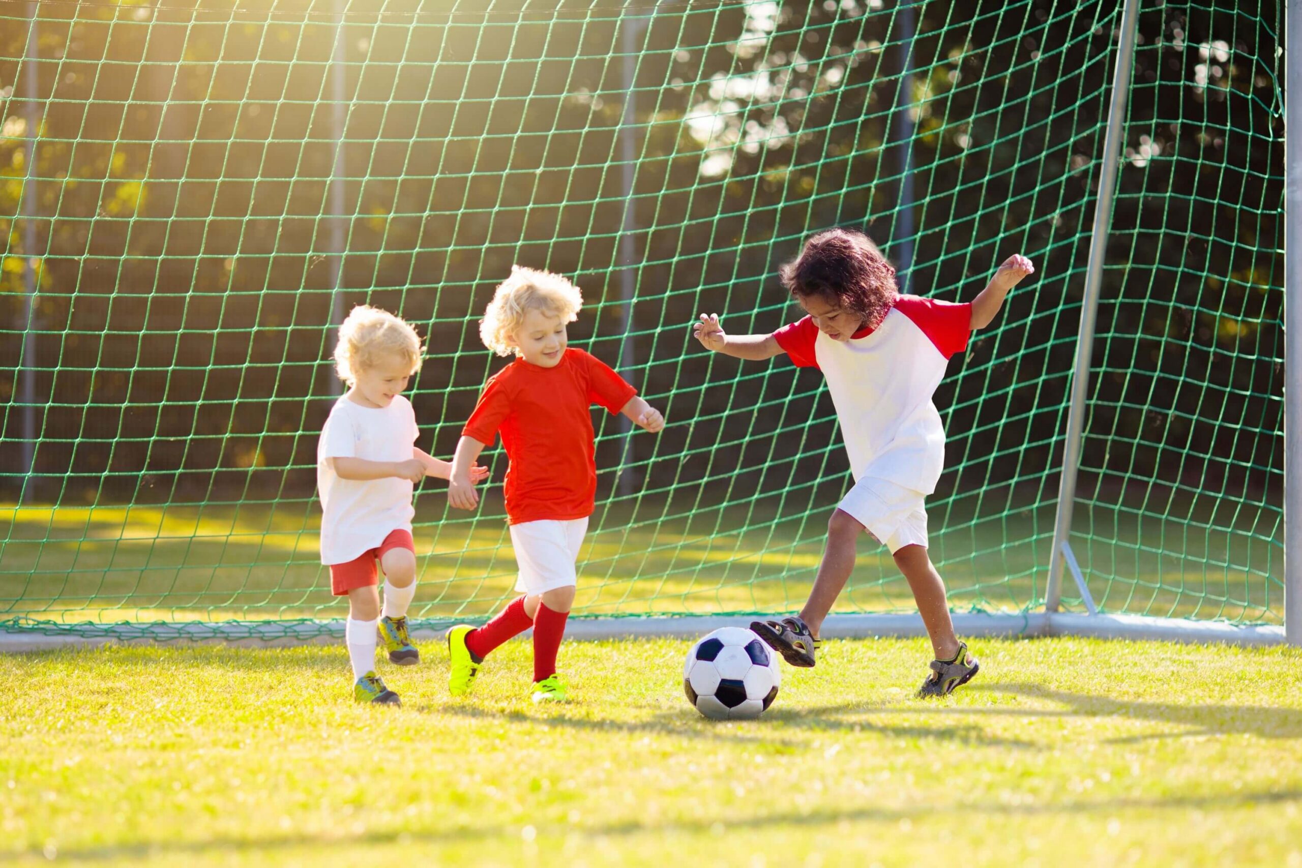 Children playing soccer in a grassy park, kicking a ball in front of a goal net during a sunny day.