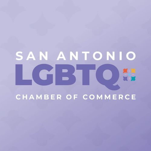Logo for the San Antonio LGBTQ Chamber of Commerce displayed in white and purple text against a light purple background with small, colorful icons replacing the colon after "LGBTQ."