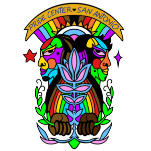 Colorful Pride Center San Antonio logo featuring two stylized faces with rainbow accents and floral elements.