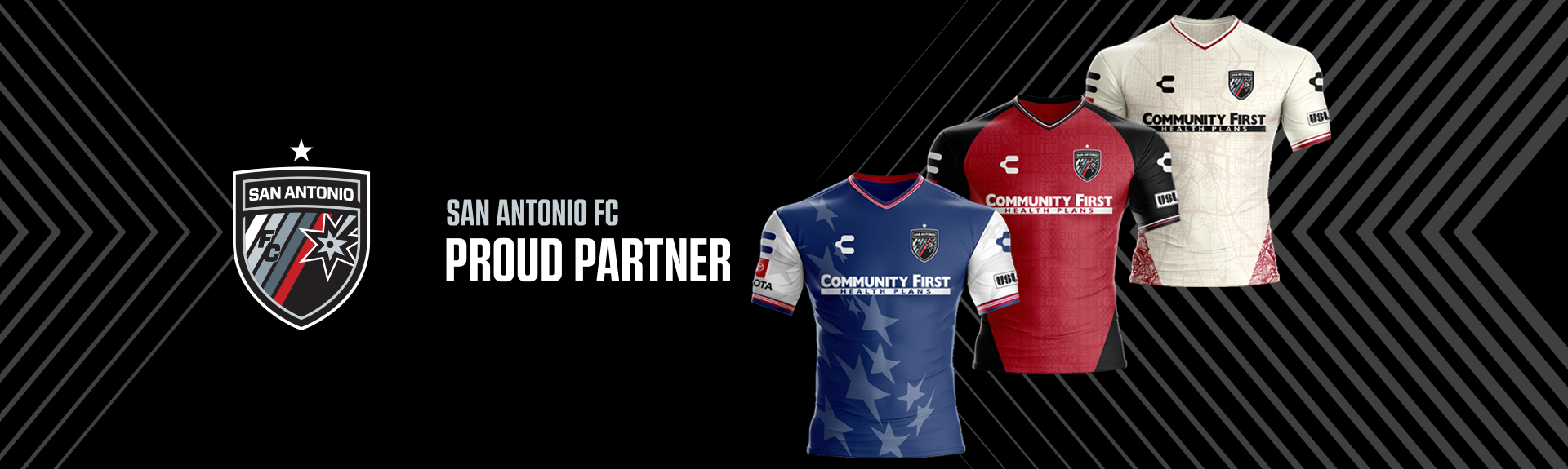 San Antonio FC logo next to red and white soccer jerseys featuring "Community First Health Plans" sponsor logo against a black and gray chevron background.