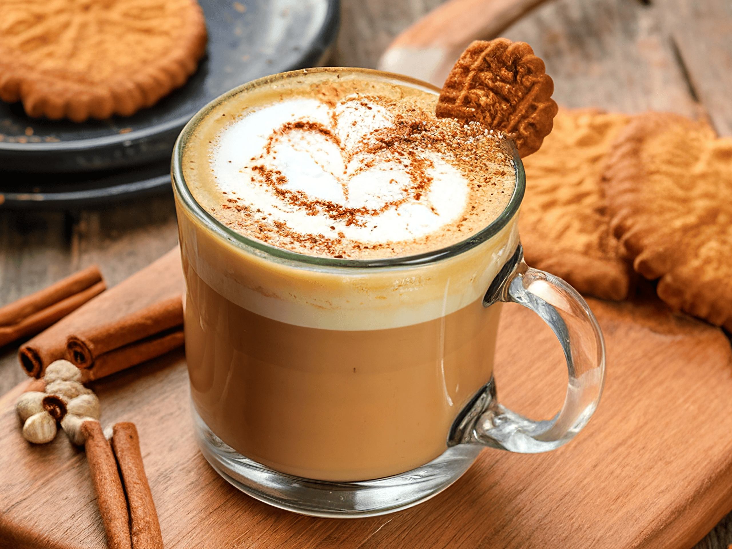 The classic Pumpkin spice latte in a glass mug with cinnamon, nutmeg and delicious cookies.